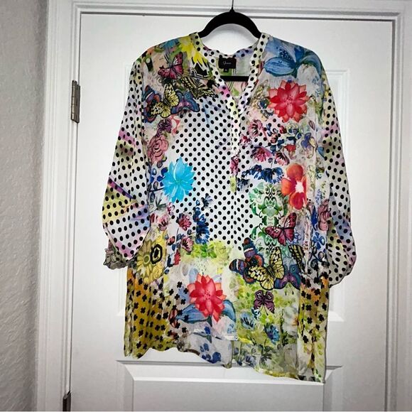 Shana 1/4 Button Down Viscose Silk Mix Print Tunic Blouse Shirt Top - Picture 5 of 14